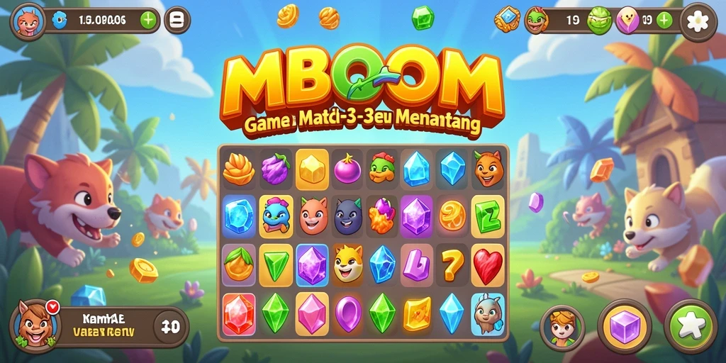 Tampilan gameplay MBOOM dengan kombinasi warna-warni yang menarik.