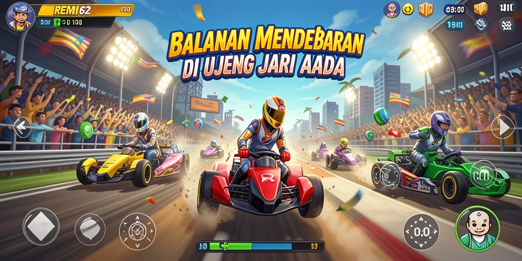 Screenshot REMI62 menampilkan kendaraan balap melaju cepat di trek yang menantang.