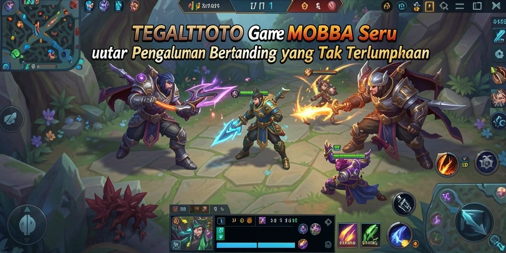 Screenshot gameplay TEGALTOTO menampilkan pertempuran epik antara dua tim hero.